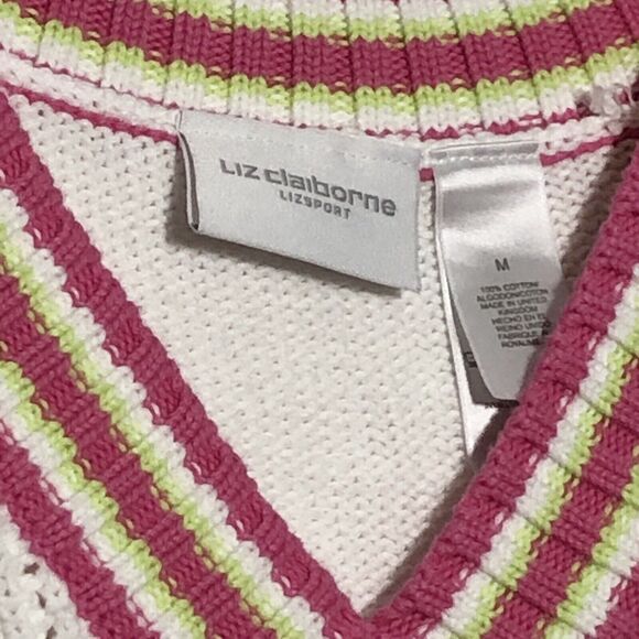 Liz Claiborne Sweater Vest Womens Medium White Pink Tennis V-Neck Cable Knit - Picture 5 of 10